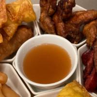 Pu Pu Platter For Two · Teriyaki (two), fried shrimp (two), egg rolls (two), chicken fingers (six), chicken wings (f...