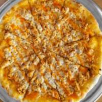 Buffalo Grill Chicken Pizza · Grilled Chicken, buffalo sauce, Mozzarella, and blue cheese.