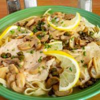 Chicken Piccata · fresh chicken and mushrooms cook on our fresh lemon white wine sauce with capers over fresh ...