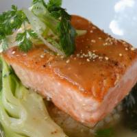 *Miso Glazed Salmon (G) · sticky rice, ginger lemongrass broth, . bok choy. Allergens: soy, fish, sesame, dairy *Consu...