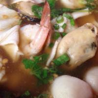 Talay Tom Yum Noodle Soup · Mixed seafood: shrimp, squid, mussels, crab meat and fish ball. Thin rice noodle with Bean s...