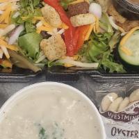 Soup & Salad Combo · Our house salad or Caesar salad with a crock of chowder, soup of the day or French onion soup.