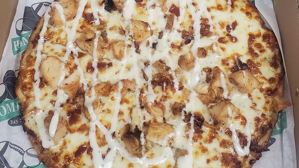 Bacon Chicken Ranch · Ranch dressing base replaces the pizza sauce, then it’s topped with grilled chicken and bacon.