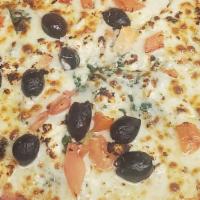 Mediterranean Pizza · A garlic and olive oil based pizza with Feta cheese, tomatoes, spinach, and Kalamata olives.