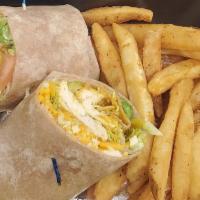 Home Plate Chicken Wrap · Boneless chicken tenders tossed in your choice of sauce with lettuce, tomato, Jack and chedd...