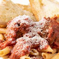 Meatballs Ziti · Three large meatballs served over a bed of ziti and served with a half order of garlic bread.