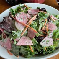 House Salad · mixed greens, herbs, watermelon radish, chioggia beets, carrots, red onion, champagne poppy ...
