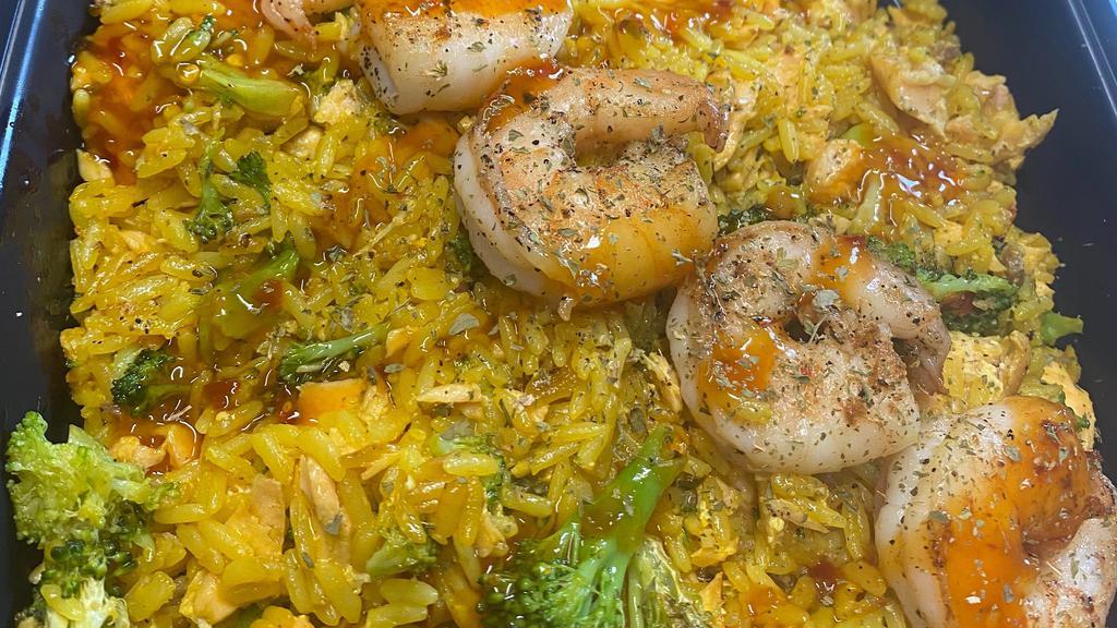 Shrimp Stir Fry · Sweet Chili Rice, broccoli & onion
