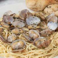 Spaghetti With Clams · Served with homemade garlic rolls.