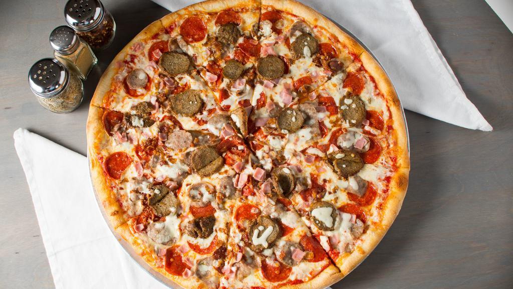 Meat Lovers · Pepperoni, ham, bacon, meatball, and sausage, sauce & mozzarella cheese