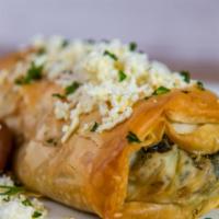 Spanakopita · Spinach and Feta cheese pie in a phyllo crust.