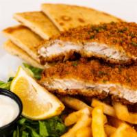 Crispy Flounder · Served with a greek salad and one side.