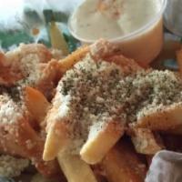 Bayou Fries · French fries drizzled with our spicy garlic sauce topped with Parmesan cheese and blue chees...