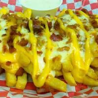 Mega Fries · Smothered with cheddar sauce, provolone and bacon. Served with ranch.