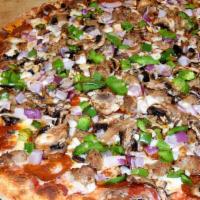 Cuzinos Supreme Pizza · Pepperoni, sausage, mushrooms, onions, green peppers, sauce and mozzarella.