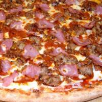 Meat Supreme Pizza · Pepperoni, sausage, bacon, ham, sauce and mozzarella.