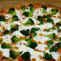 White Veggie Pizza · Mozzarella and ricotta cheese, marinated tomatoes, broccoli or spinach in garlic and oil.