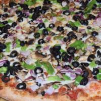 Veggie Supreme Pizza · Green peppers, onions, mushrooms, black olives, sauce and mozzarella.