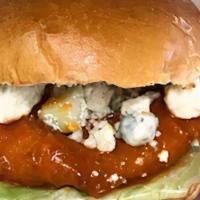 Buffalo Chicken Sandwich · Crispy chicken, lettuce, crumbled bleu cheese and our spicy Buffalo sauce.
