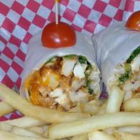 Fiery Buffalo Chicken Wrap · Crispy chicken, lettuce, crumbled bleu cheese and our spicy Buffalo sauce.