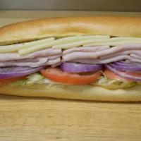 Turkey And Cheese Sub · Sliced oven roasted turkey, provolone cheese, lettuce, tomatoes, onions and oil.