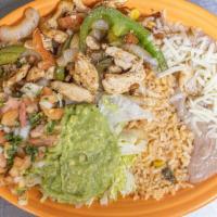 Lunch Fajitas · Grilled chicken or beef fajitas served with Mexican rice, Refried beans & tortillas.