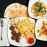 Falafel Platter · Includes falafel, Fries , sides of (hummus tahini sauce and salad) And wrap.