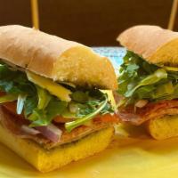 Italian Deluxe Sandwich · Soppressata, Pepperoni, Pistachio Mortadella, Red Onion, Arugula, Sharp Provolone, Red Wine ...