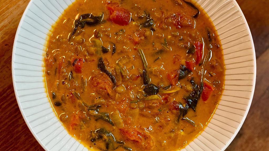 Curried Lentil Soup · Comes fully cooked, ready for you to heat and enjoy!

Lentils, Spinach, Tomato, Onion, Garlic, Ginger, Bell Pepper, Coconut Milk, Curry Powder, Cilantro, Lime
(Vegan, Gluten Free)