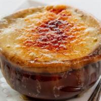 Pint French Onion Soup · classic soup made with red and white caramelized onions simmered in beef broth flavored with...