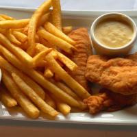 Chicken Fingers & Fries · three 2oz breaded chicken tenders, golden fried and served with honey mustard and pub fries.