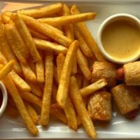 Pigs In A Blanket · 5 pastry rolled wieners deep fried golden and served with honey mustard, pub fries.