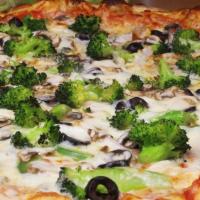 Veggie Pizza · Green peppers, mushrooms, onions, fresh broccoli, black olives & our 3 cheese blend.