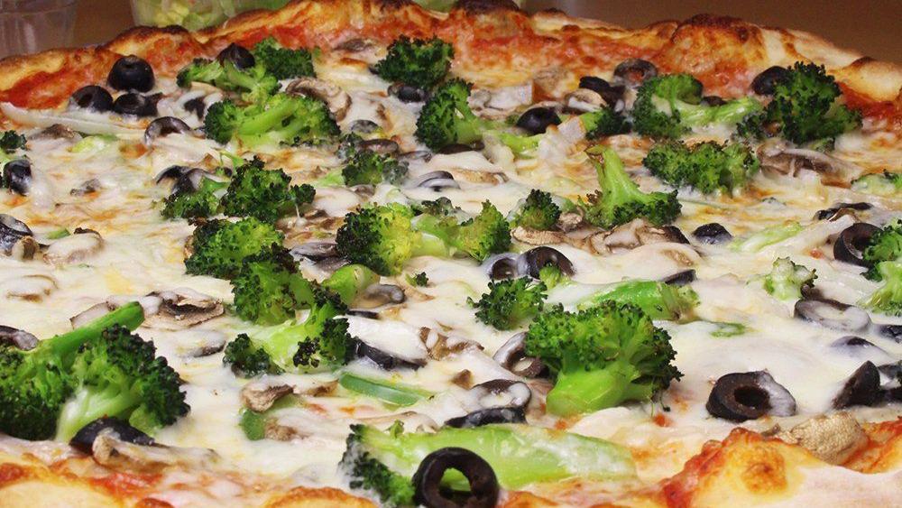 Veggie Pizza · Green peppers, mushrooms, onions, fresh broccoli, black olives & our 3 cheese blend.