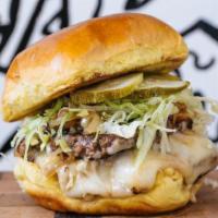 Stock Burger · Two Patties, Jack Cheese, Pickle, Lettuce, Onion, Ketchup, Mustard, Potato Bun