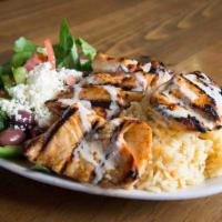 Chicken Kabob Plate  · Grilled chicken in Moroccan spices. Served with rice and a Mediterranean salad. Add extra fo...