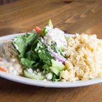 Hummus Plate  · Blend of ground chickpeas, garlic, lemon juice, and tahini sauce. Served with rice and a Med...