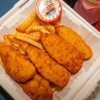 Chicken Fingers Dinner · Breaded and fried chicken strips.
