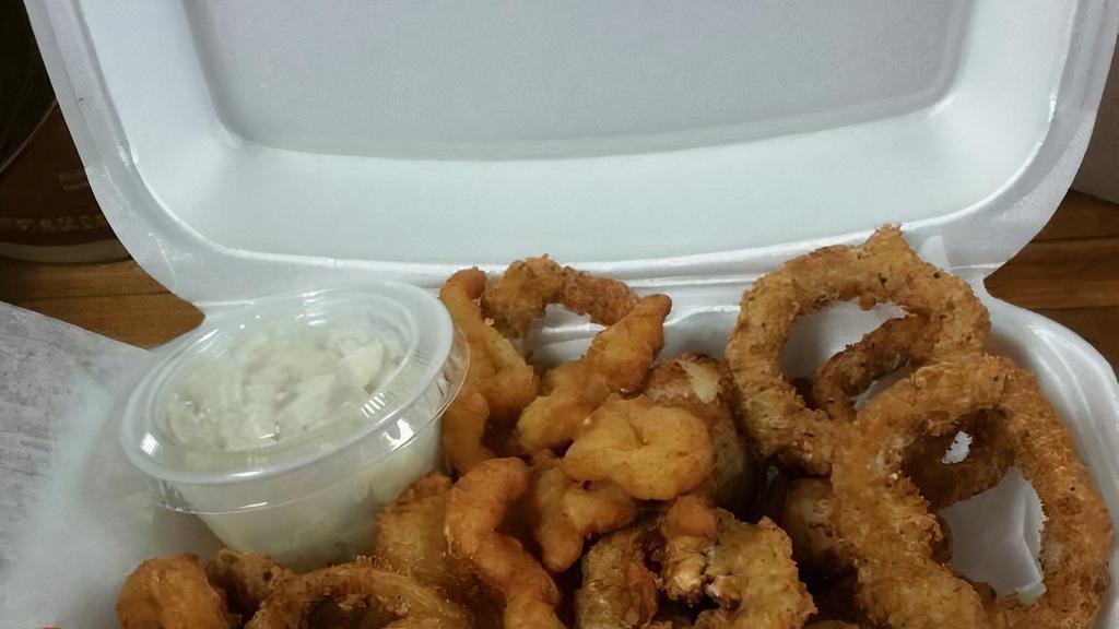 Seafood Plate Dinner · Shrimp, scallops, clam strips and calamari rings.
