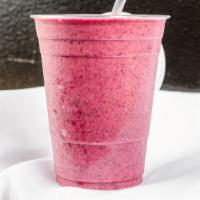 Berry Bomb · Strawberries, blueberries, raspberries, banana, Greek yogurt, almond milk.