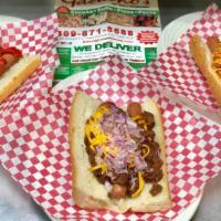 The Pitt · 2 dogs, spicy chili, chopped onions and cheddar cheese. A Pittsburgh classic originated for ...
