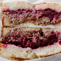 Short Rib Grilled Cheese Sandwich · Braised short rib, beet-horseradish relish and cheddar on housemade challah.. Contains: Whea...