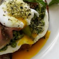 Prosciutto & Pea Tartine · Sweet, snow and snap peas sauteed with sherry dressing served on ricotta goat cheese mousse ...