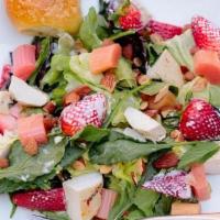 Strawberry, Rhubarb & Chicken Salad · Bibb and red leaf lettuce, baby kale, poached rhubarb, strawberries, mint, roasted chicken, ...