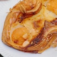 Apricot Danish · Flaky croissant dough with apricots and almond pastry cream.. Contains: Wheat, Dairy, Egg, T...
