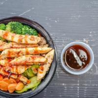 Teriyaki Grilled Chicken Rice Bowl · Comes with honey teriyaki sauce and the following sauteed vegetables: onions, mushrooms, gre...