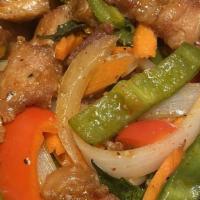 Crispy Pork Belly (Moo Krob) Basil · Mild. Sautéed green beans, onions, carrots, and peppers in a spicy basil sauce with crispy p...