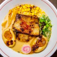 Miso Ramen · Spicy. Rich pork broth seasoned with miso, marinated egg, pork belly, corn, scallions, nori,...