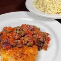 Swordfish Puttanesca · white domestic cut grilled with puttanesca sauce (garlic, butter, white wine, olives, capers...
