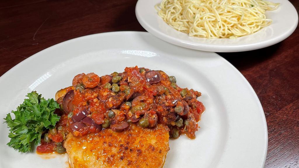 Swordfish Puttanesca · white domestic cut grilled with puttanesca sauce (garlic, butter, white wine, olives, capers & spicy marinara tomatoes)
Served with Angel Hair with Garlic & Oil